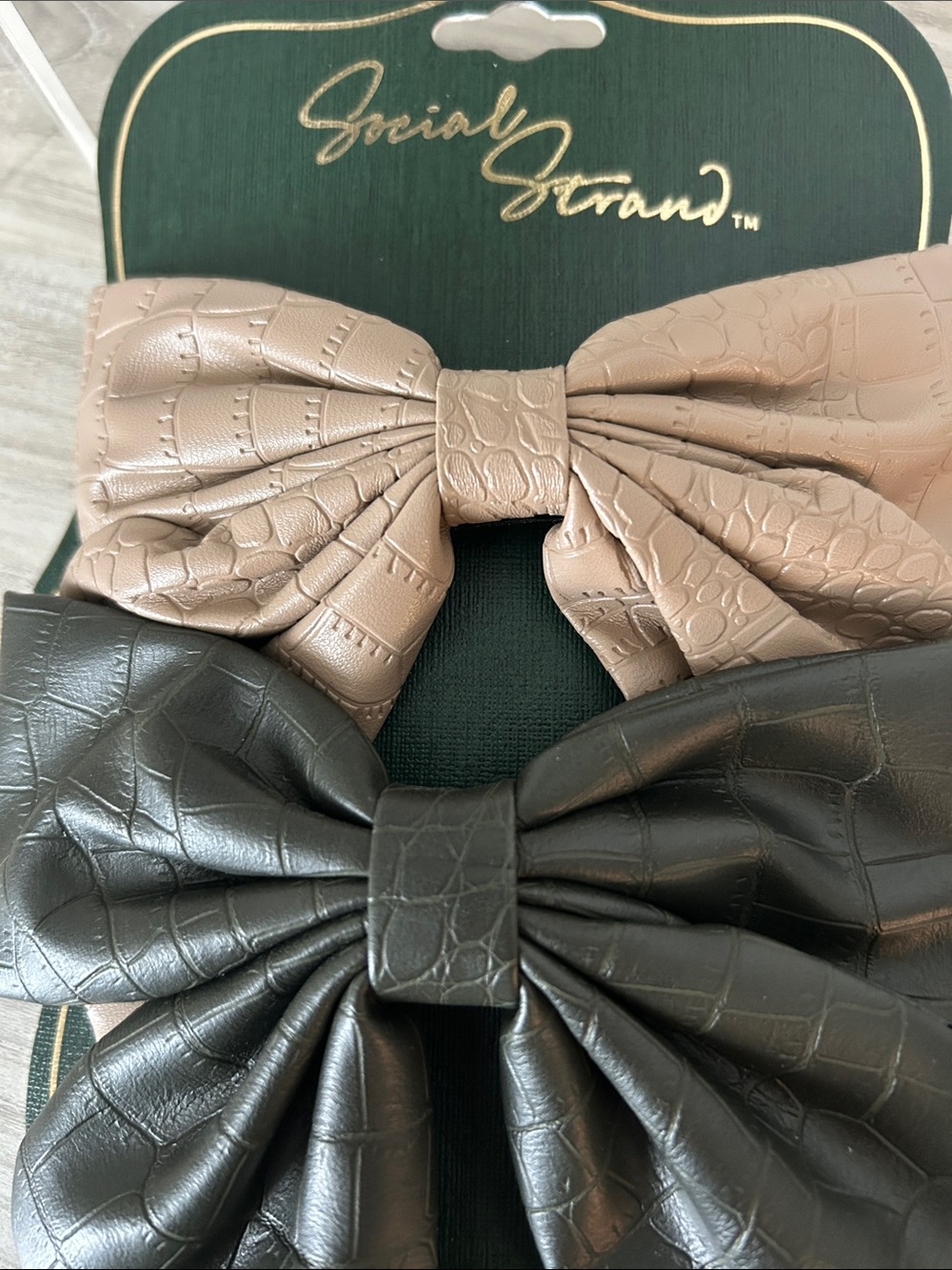 Faux Leather Bow Hair Clips - Taupe and Dark Brown - Picture 3 of 3